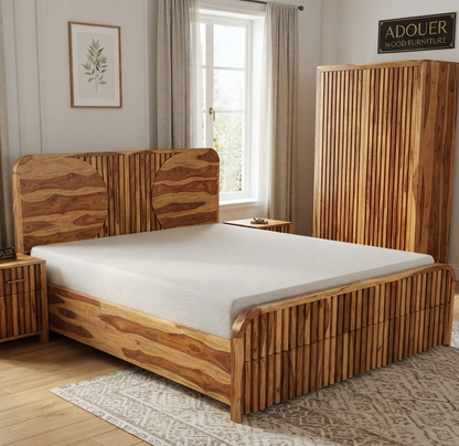 Adouer Wood Modern Fluted Wooden Bed Frame Queen Size , Half Wheels Storage and Half Hydraulic Storage