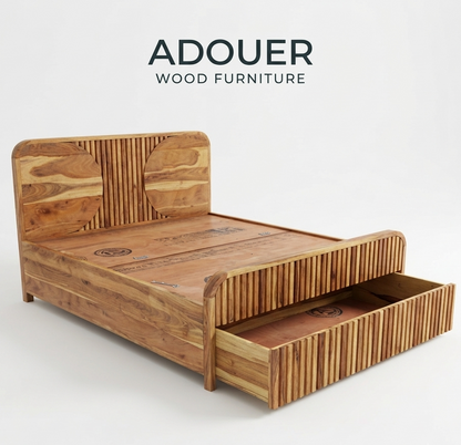 Adouer Wood Modern Fluted Wooden Bed Frame Queen Size , Half Wheels Storage and Half Hydraulic Storage