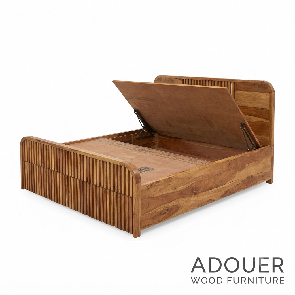 Adouer Wood Modern Fluted Wooden Bed Frame Queen Size , Half Wheels Storage and Half Hydraulic Storage