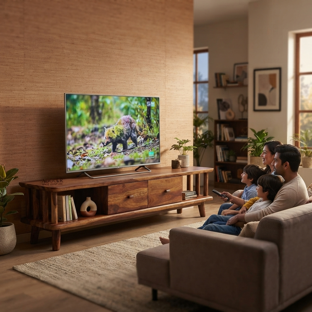 Adouer Wood Furniture Modern Sheesham Wood TV Unit with Storage & Wooden Handles