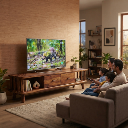 Adouer Wood Furniture Modern Sheesham Wood TV Unit with Storage & Wooden Handles