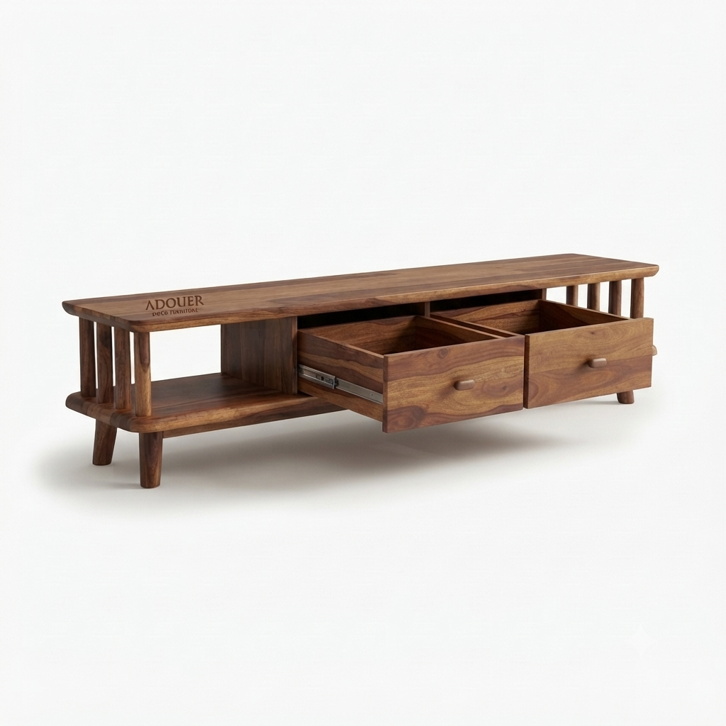 Adouer Wood Furniture Modern Sheesham Wood TV Unit with Storage & Wooden Handles