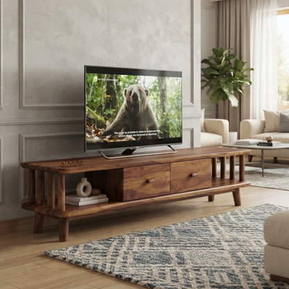 Adouer Wood Furniture Modern Sheesham Wood TV Unit with Storage & Wooden Handles