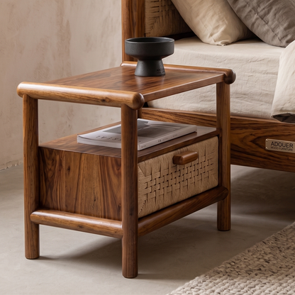 ADOUER WOOD Modern Japandi Wooden Bedside Table with Woven Paper Rope