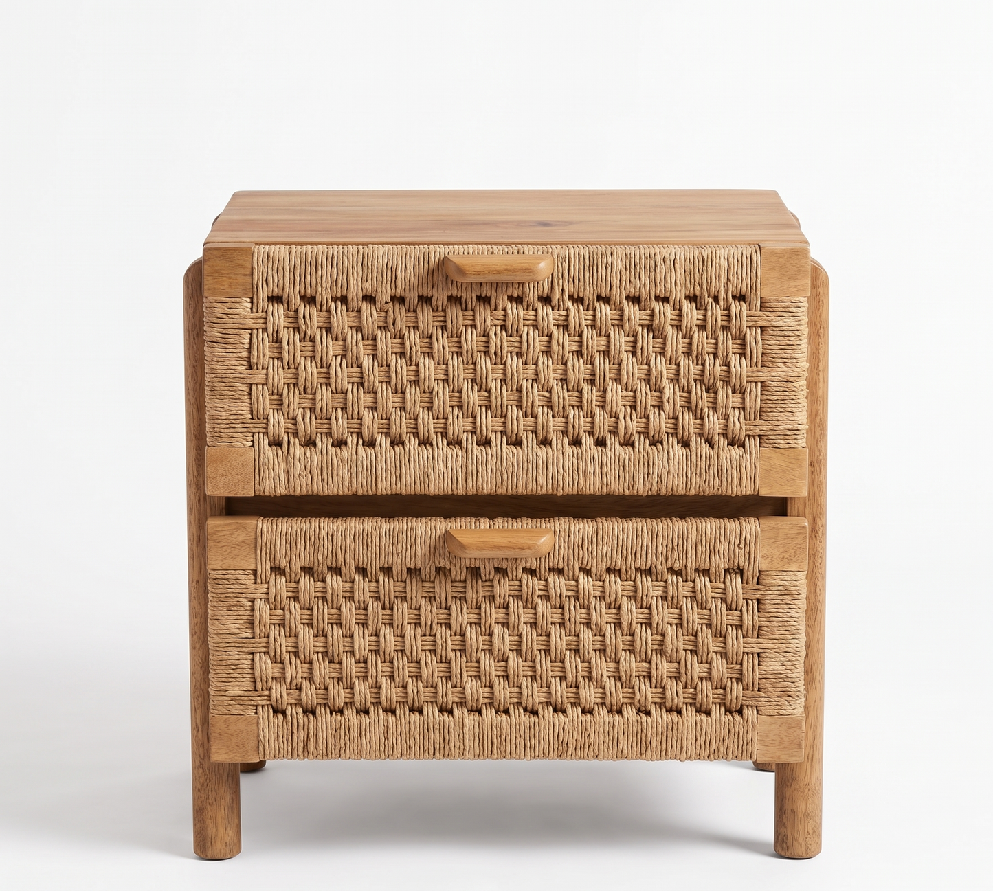 ADOUER WOOD Handcrafted Boho Natural Bedside Table - 2-Drawer Nightstand with Woven Paper Rope Fronts
