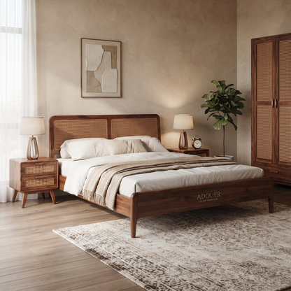 ADOUER WOOD Aurelia Solid Wood Platform Bed with Cane Headboard