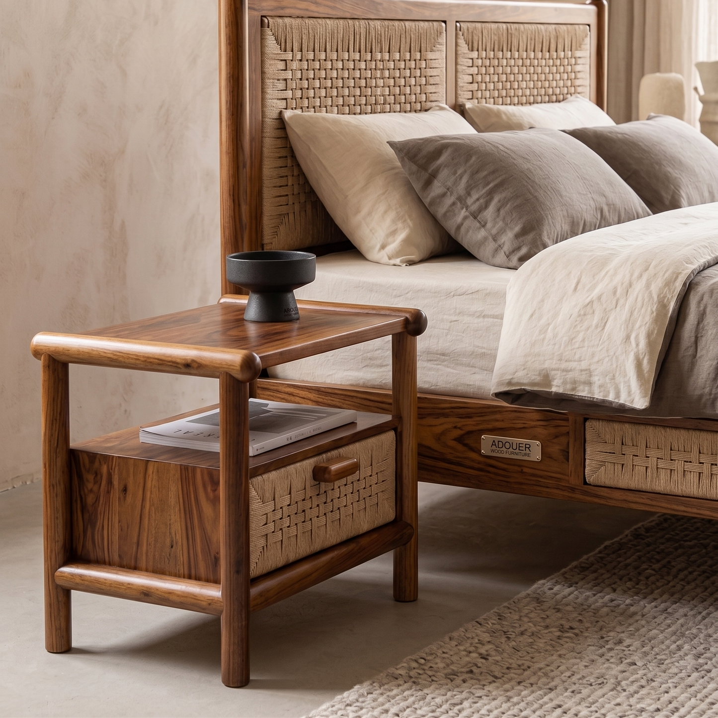ADOUER WOOD Modern Japandi Wooden Bedside Table with Woven Paper Rope