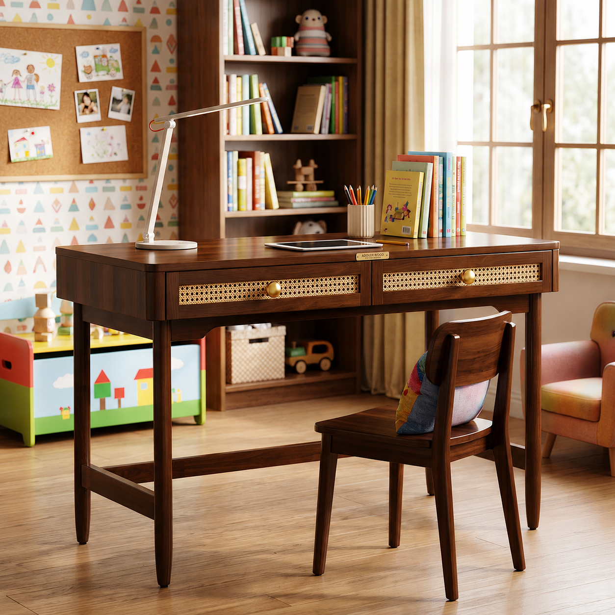 Mid-Century Modern Desk with Rattan Webbing Drawers & Tapered Legs