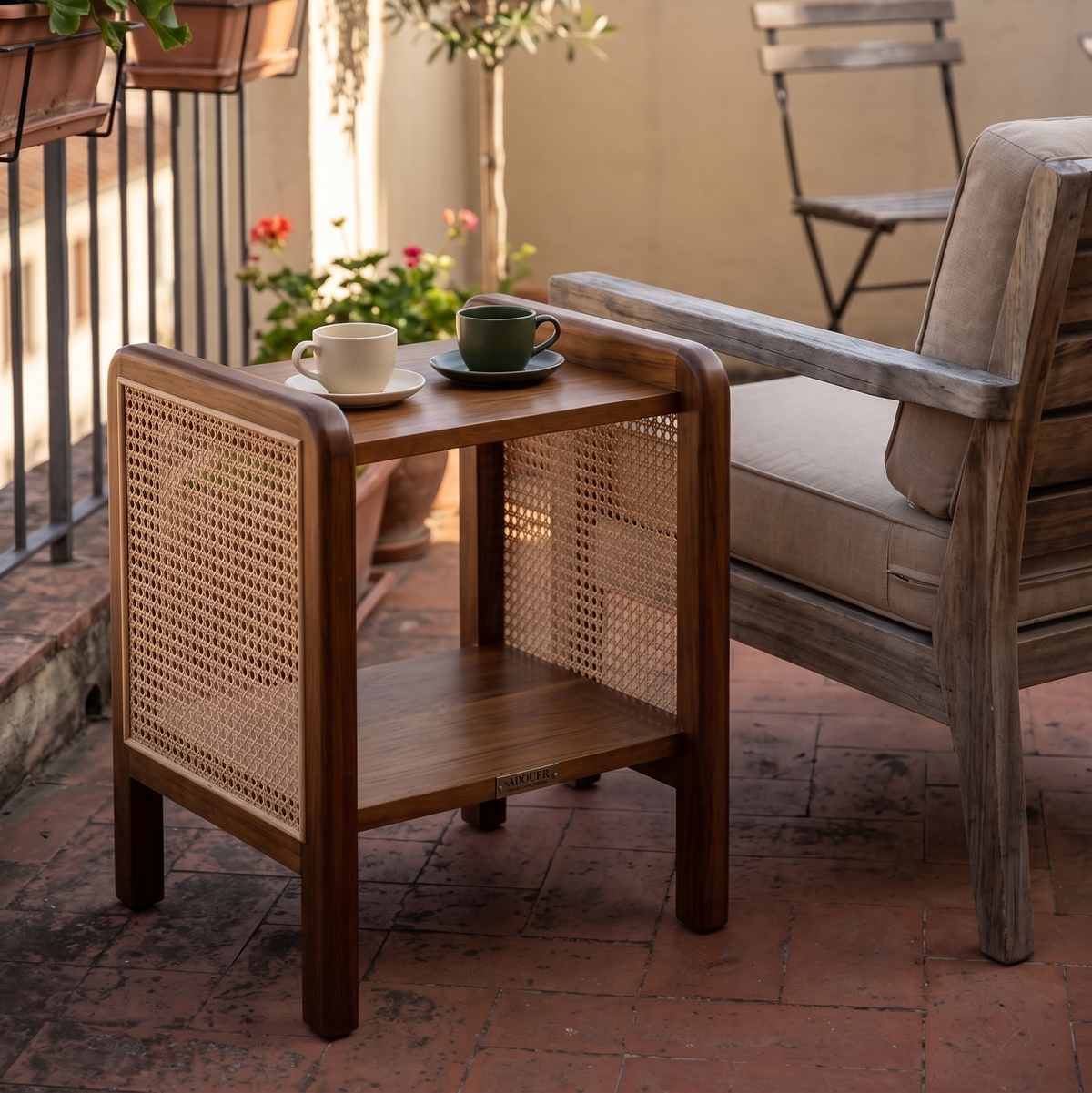ADOUER WOOD Mid-Century Modern Wood & Rattan Nightstand – 2-Tier End Table with Cane Webbing Sides