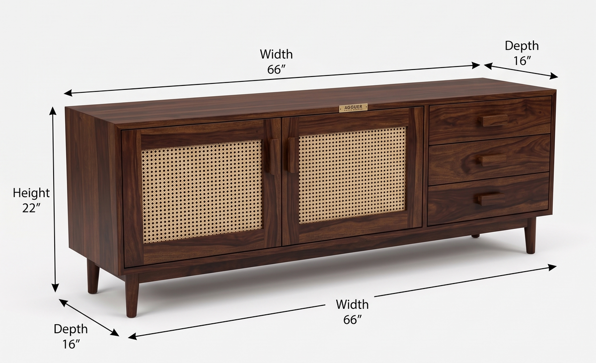 ADOUER WOOD  Sheesham Wood TV Unit with Woven Cane/Rattan Doors & Drawers