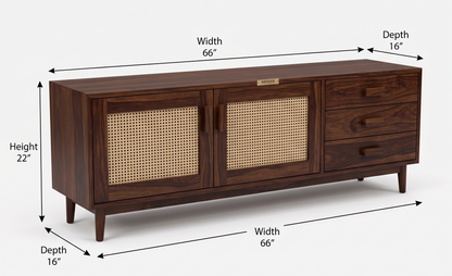 ADOUER WOOD  Sheesham Wood TV Unit with Woven Cane/Rattan Doors & Drawers
