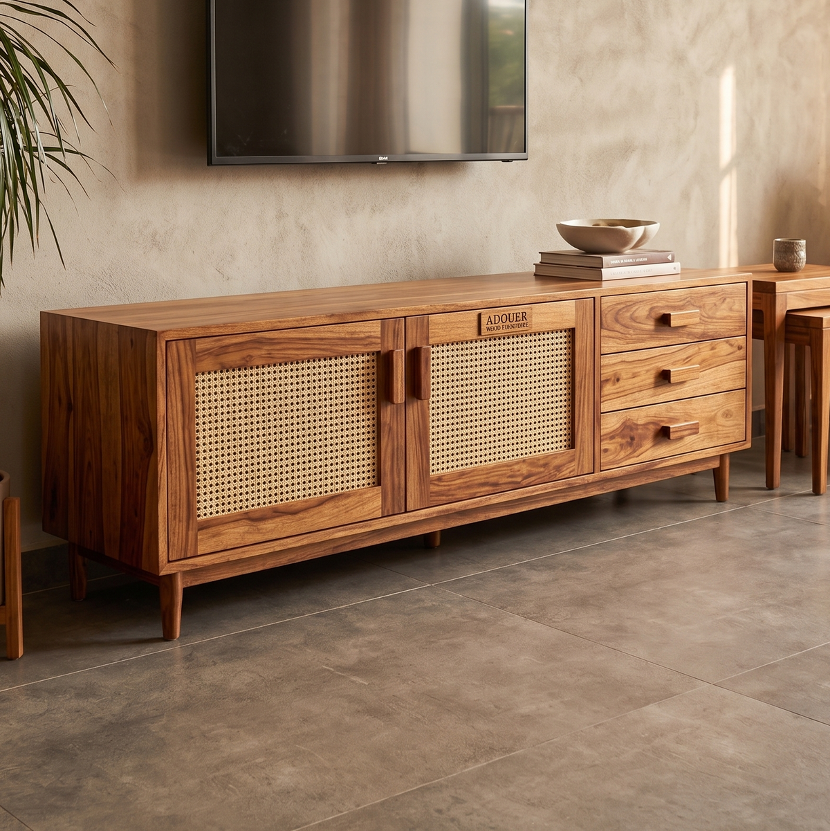 ADOUER WOOD  Sheesham Wood TV Unit with Woven Cane/Rattan Doors & Drawers