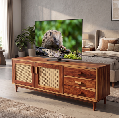 ADOUER WOOD  Sheesham Wood TV Unit with Woven Cane/Rattan Doors & Drawers