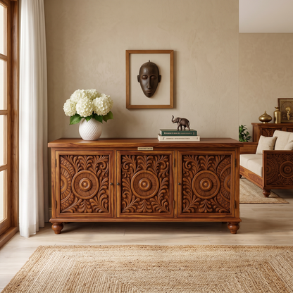 ADOUER WOOD  Verdant Carved Mandala Accent Console I Side Board I TV Unit