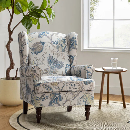 ADOUER WOOD Solid Wood Leg & Frame With Floral Printed Velvet Fabric Wingback Chair