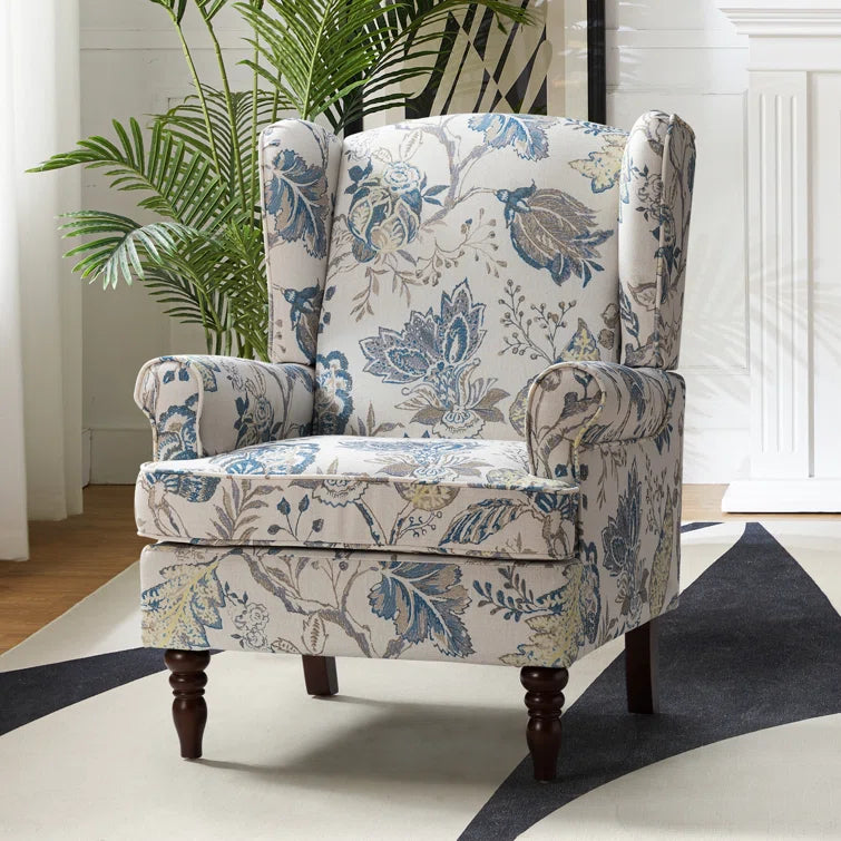 ADOUER WOOD Solid Wood Leg & Frame With Floral Printed Velvet Fabric Wingback Chair