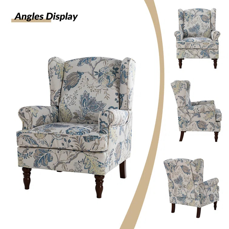 ADOUER WOOD Solid Wood Leg & Frame With Floral Printed Velvet Fabric Wingback Chair