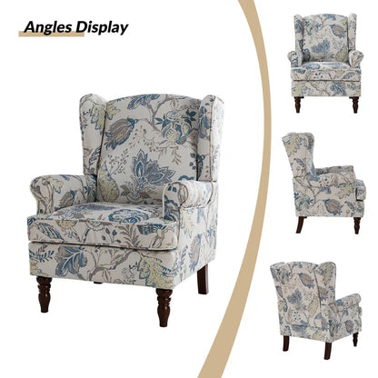 ADOUER WOOD Solid Wood Leg & Frame With Floral Printed Velvet Fabric Wingback Chair
