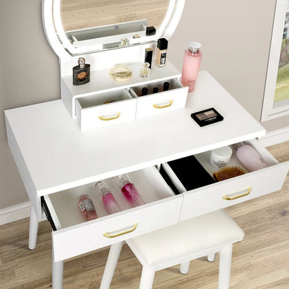 ADOUER WOOD "Modern White Vanity Dressing Table with LED Mirror and Stool - 4 Drawers and Gold Handles"