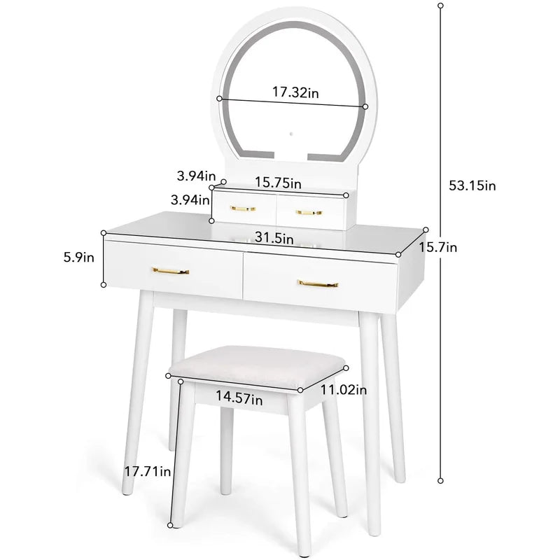 ADOUER WOOD "Modern White Vanity Dressing Table with LED Mirror and Stool - 4 Drawers and Gold Handles"