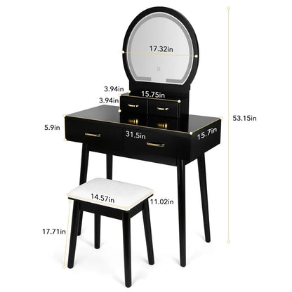 ADOUER WOOD "Modern White Vanity Dressing Table with LED Mirror and Stool - 4 Drawers and Gold Handles"