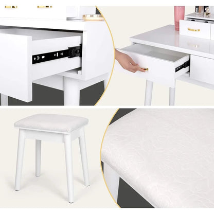 ADOUER WOOD "Modern White Vanity Dressing Table with LED Mirror and Stool - 4 Drawers and Gold Handles"