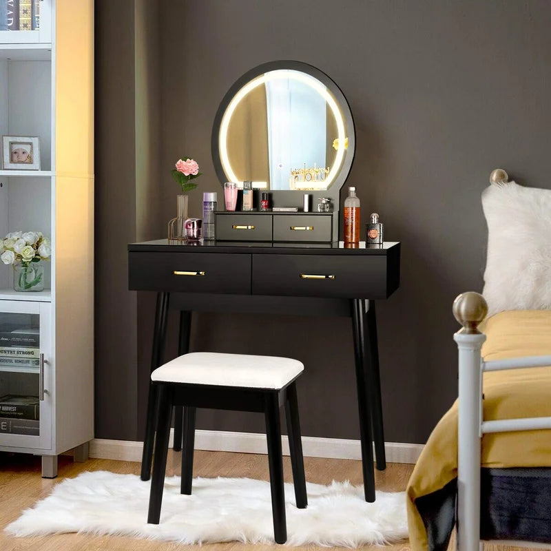 ADOUER WOOD "Modern White Vanity Dressing Table with LED Mirror and Stool - 4 Drawers and Gold Handles"