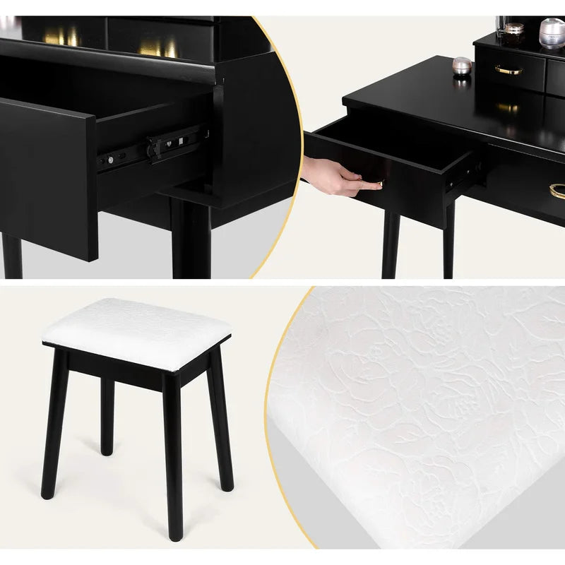 ADOUER WOOD "Modern White Vanity Dressing Table with LED Mirror and Stool - 4 Drawers and Gold Handles"