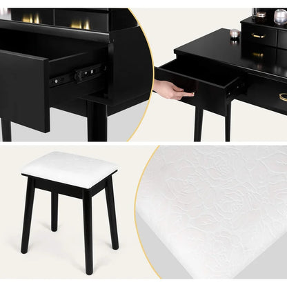 ADOUER WOOD "Modern White Vanity Dressing Table with LED Mirror and Stool - 4 Drawers and Gold Handles"