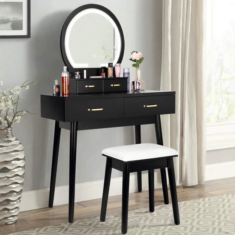ADOUER WOOD "Modern White Vanity Dressing Table with LED Mirror and Stool - 4 Drawers and Gold Handles"