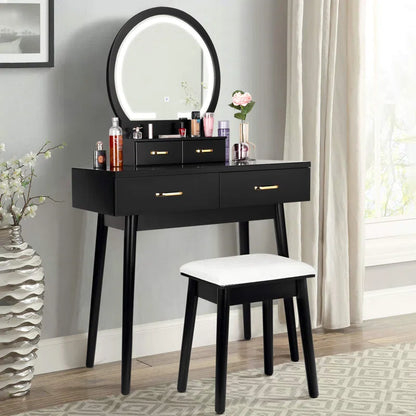 ADOUER WOOD "Modern White Vanity Dressing Table with LED Mirror and Stool - 4 Drawers and Gold Handles"