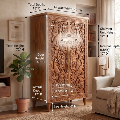 An ornate carved wooden cabinet shown in a living room setting with overlaid dimension labels for height, width, and depth. The cabinet has floral relief carvings and the brand name 'ADOUER WOOD' appears on the door.