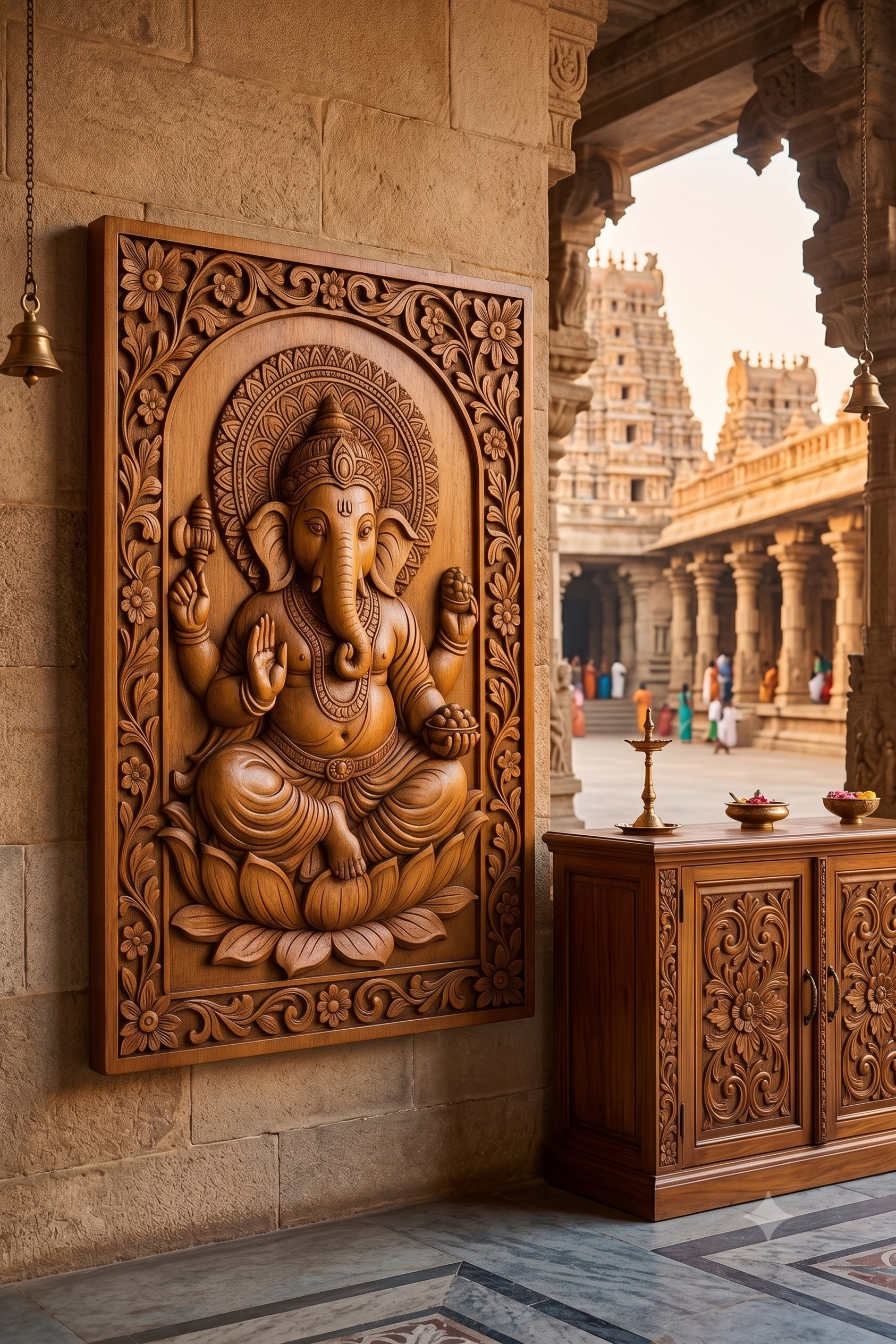 An ornate carved wooden wall plaque depicting Lord Ganesha, mounted on a stone wall in a temple courtyard setting.