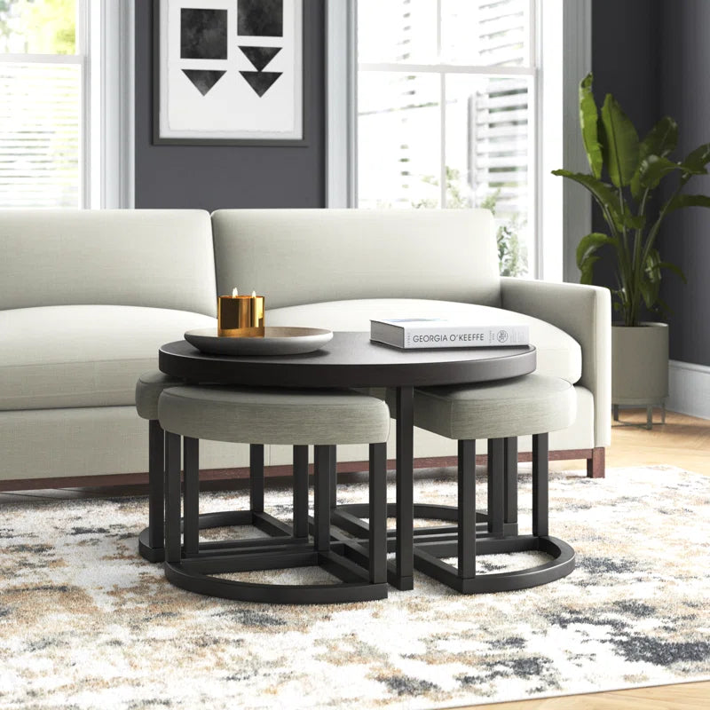 ADOUER WOOD Solid Sheesham Wood Round Top And Metal Frame Coffee Table Set With 4 Setting Stool