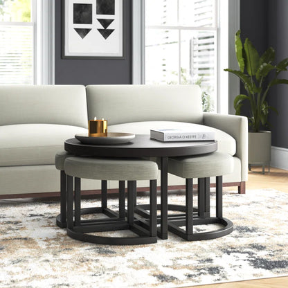ADOUER WOOD Solid Sheesham Wood Round Top And Metal Frame Coffee Table Set With 4 Setting Stool