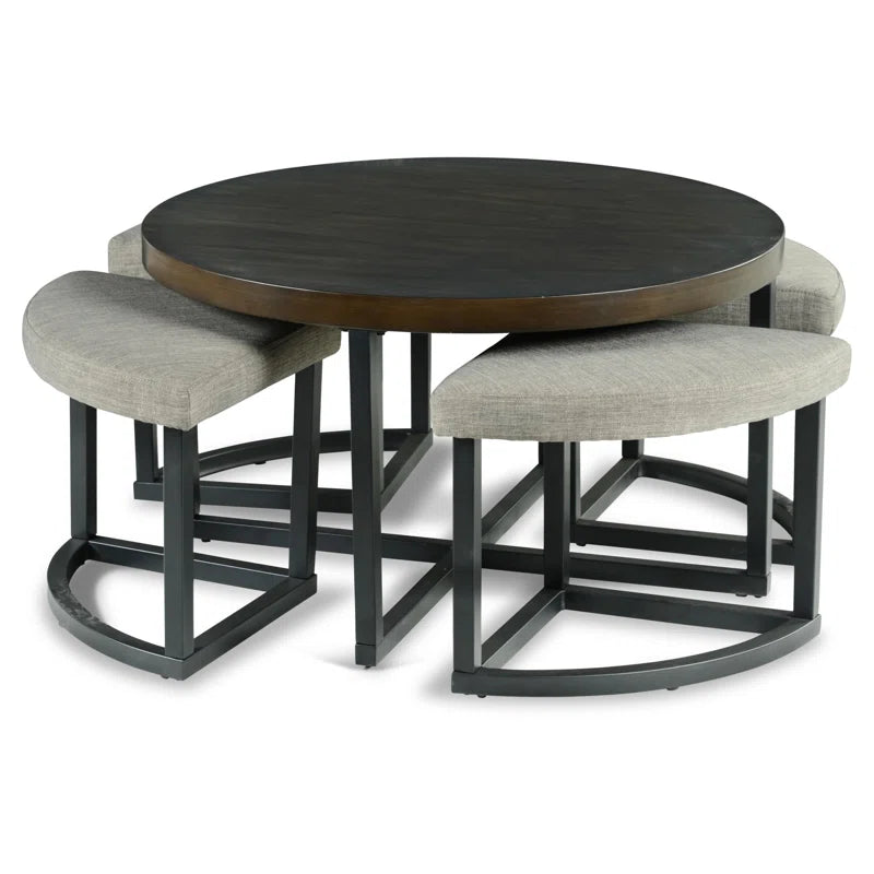 ADOUER WOOD Solid Sheesham Wood Round Top And Metal Frame Coffee Table Set With 4 Setting Stool