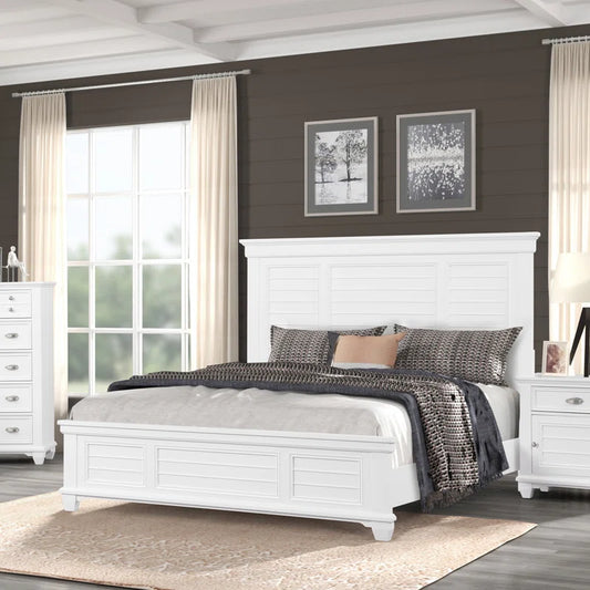 Adouer Wood "Modern White Solid Sheesham Wood Panel Bed with Sleek Shutter-Style Design"