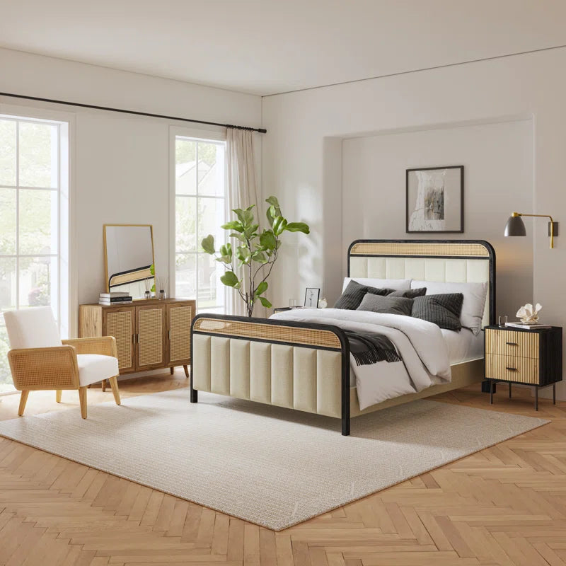 ADOUER WOOD Solid Sheesham Wood Vintage Rattan Cane Bed – Black Finish