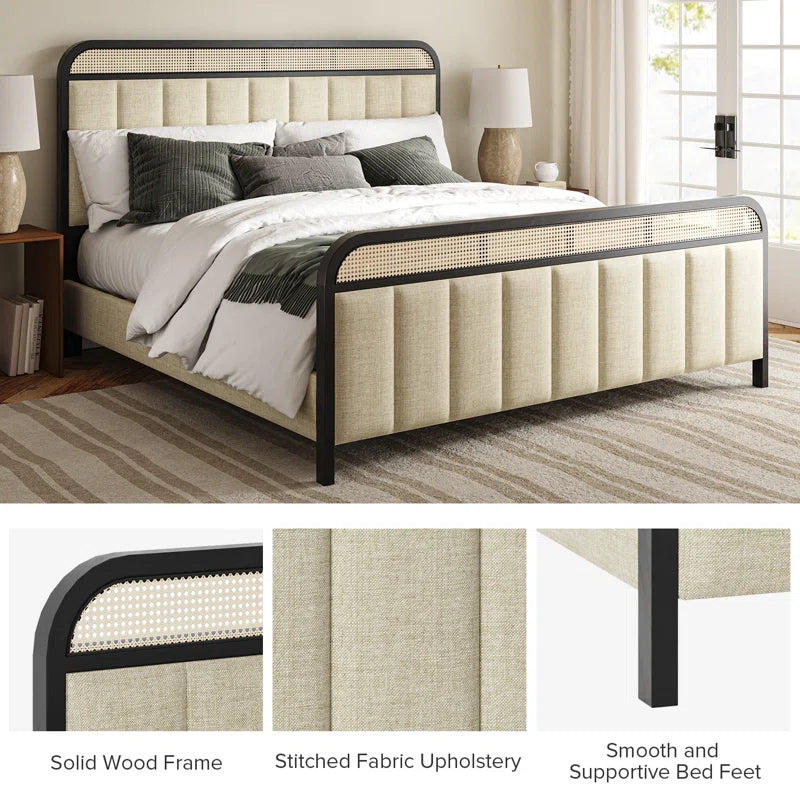 ADOUER WOOD Solid Sheesham Wood Vintage Rattan Cane Bed – Black Finish