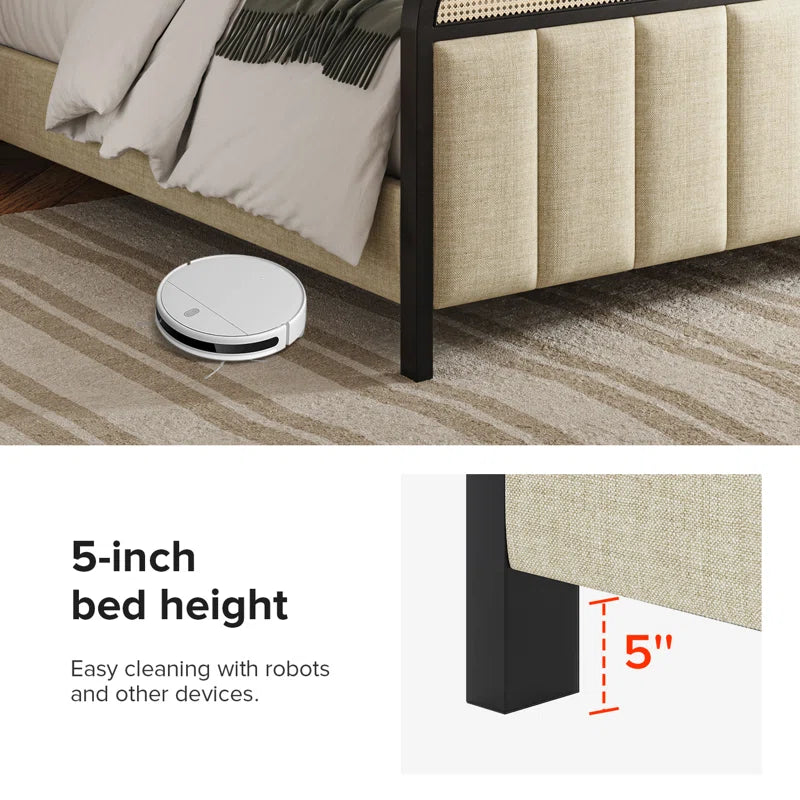 ADOUER WOOD Solid Sheesham Wood Vintage Rattan Cane Bed – Black Finish