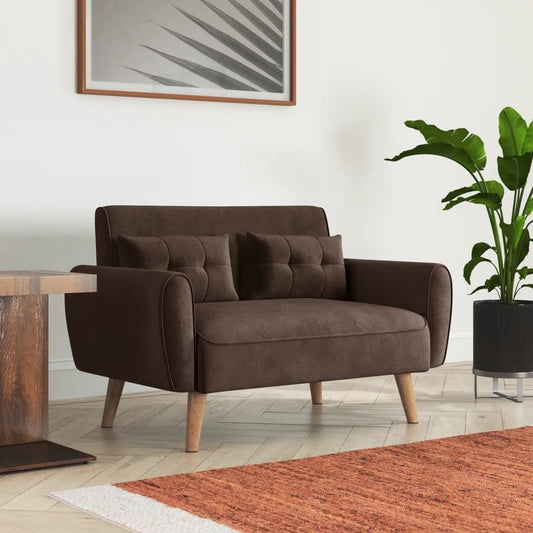 ADOUER WOOD Elegant Brown Two-Seater Sofa with Wooden Legs & Tufted Cushions