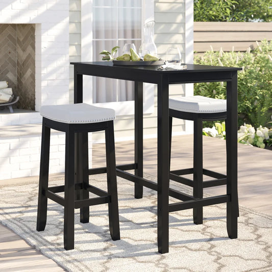 Adouer Wood "Modern Black Bar Table Set with Two White Cushioned Stools"