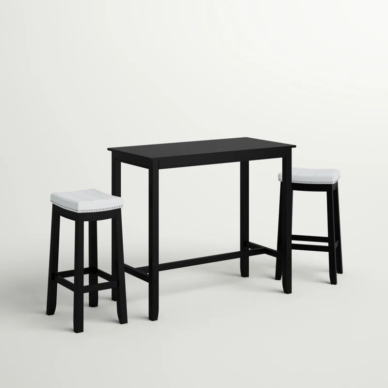 Adouer Wood "Modern Black Bar Table Set with Two White Cushioned Stools"