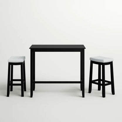 Adouer Wood "Modern Black Bar Table Set with Two White Cushioned Stools"