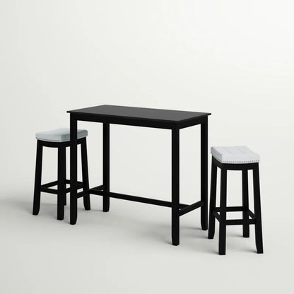 Adouer Wood "Modern Black Bar Table Set with Two White Cushioned Stools"