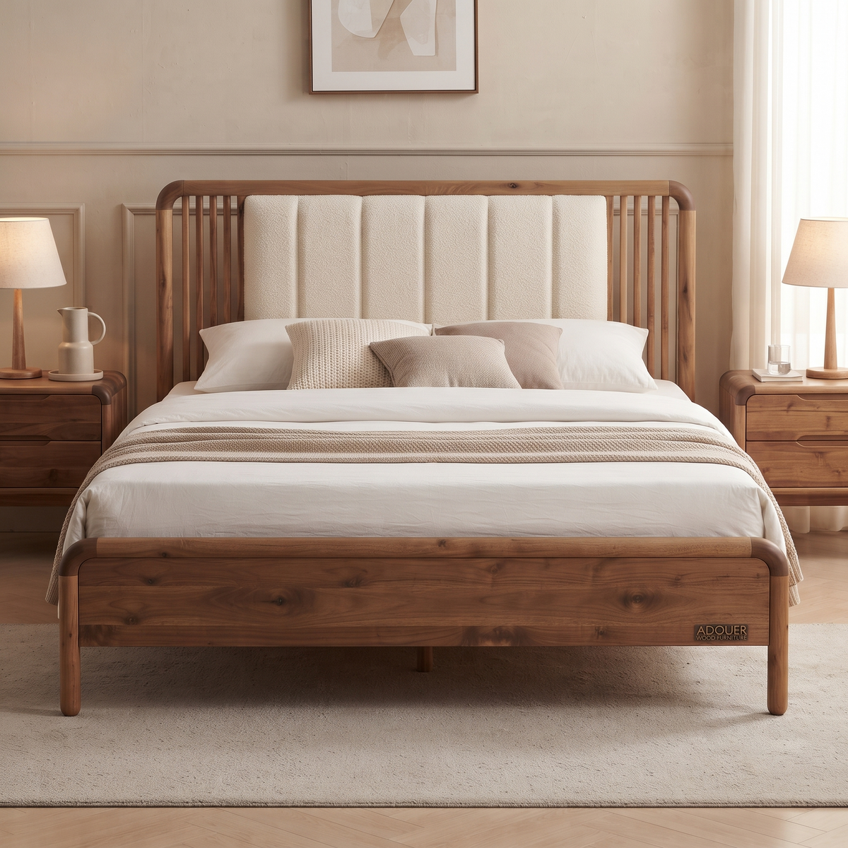 ADOUER WOOD Artisanal Sheesham Wood Bed with Bouclé-Style Vertical Channel Headboard