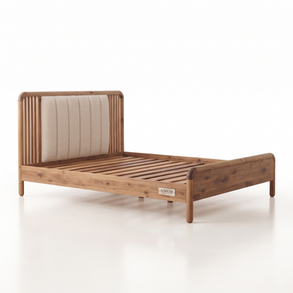 ADOUER WOOD Artisanal Sheesham Wood Bed with Bouclé-Style Vertical Channel Headboard