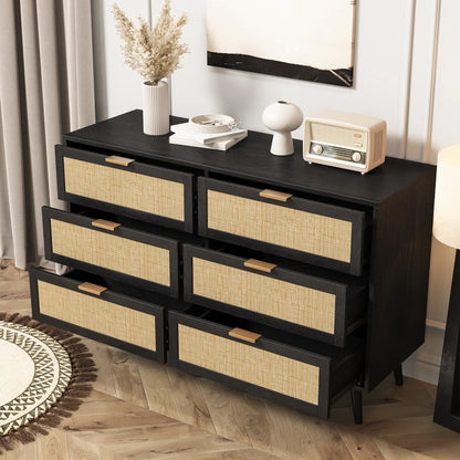 ADOUER WOOD 6 Drawers Solid Acacia Wood Rattan Cane Chest of Drawers, Natural