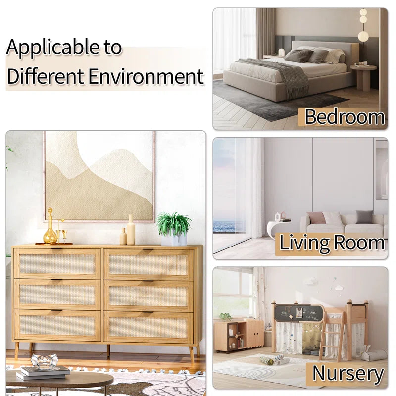 ADOUER WOOD 6 Drawers Solid Acacia Wood Rattan Cane Chest of Drawers, Natural