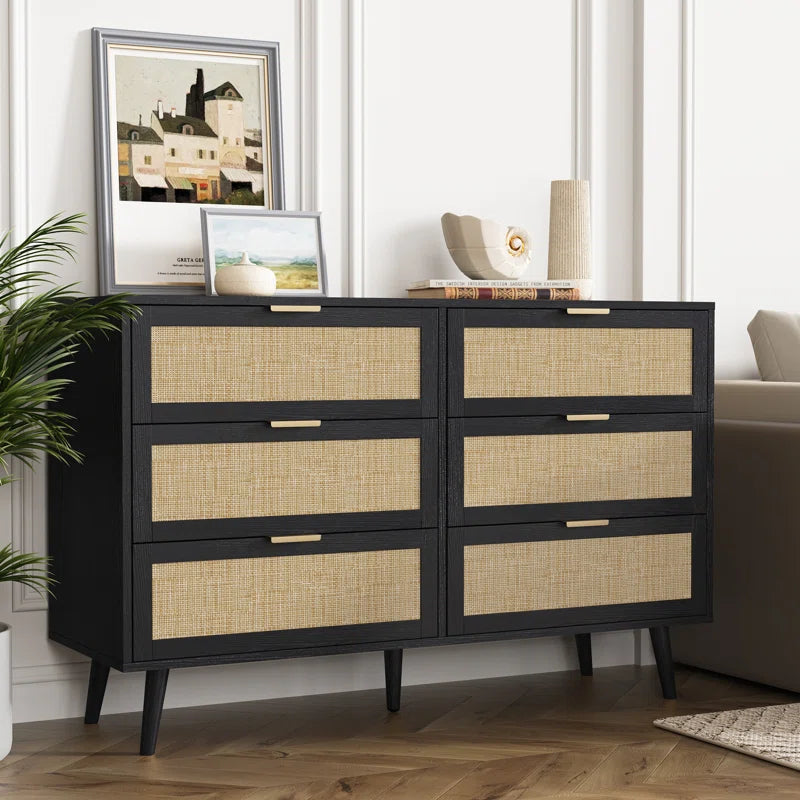 ADOUER WOOD 6 Drawers Solid Acacia Wood Rattan Cane Chest of Drawers, Natural